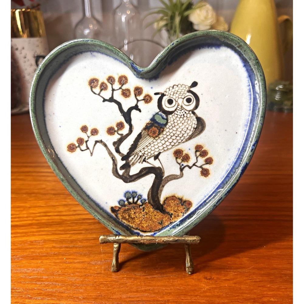 Vintage 70's Ceramic Heart-Shaped Owl Decorative Trinket Dish Grannycore